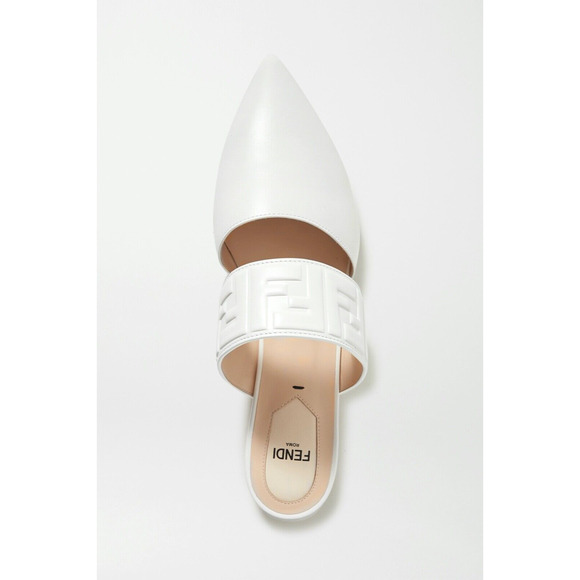 Fendi Motif FF Logo Snow White Leather Pointed Toe Ballerina Ballet Mule Flat 37 - Picture 6 of 12